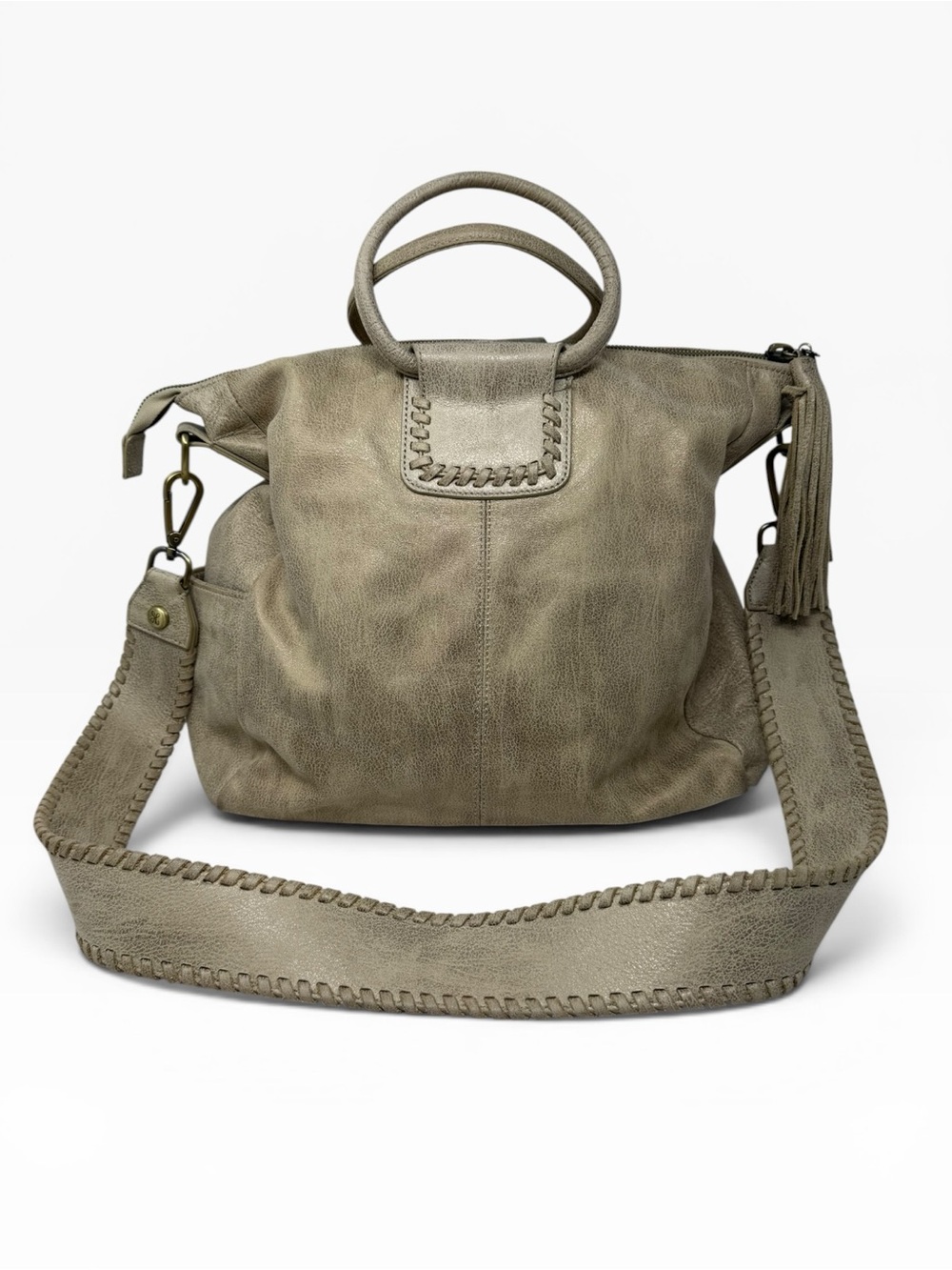 Hobo Sheila large satchel metallic granite grey leather antique brass hardware